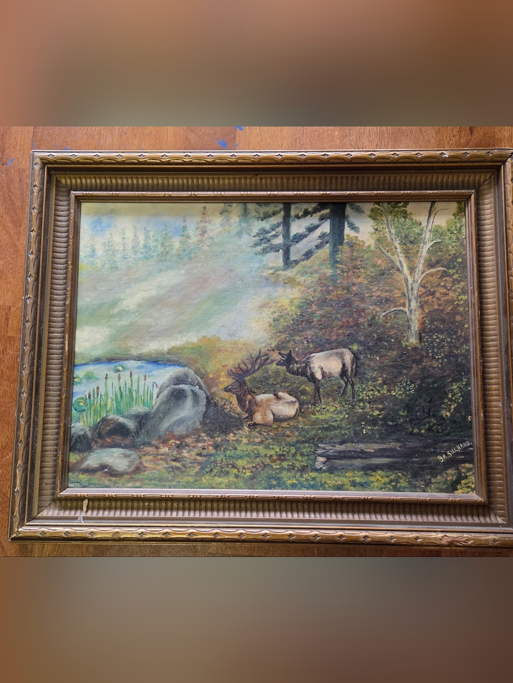 1946 Original Canadian Wildlife Oil Painting - Elk in Misty Forest - Signed G.A.